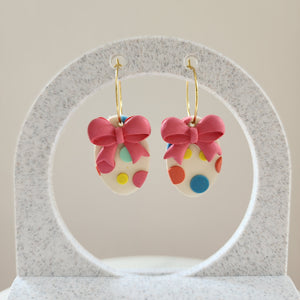 Handmade Polymer Clay Earrings – Polka Dot Bow Hoops