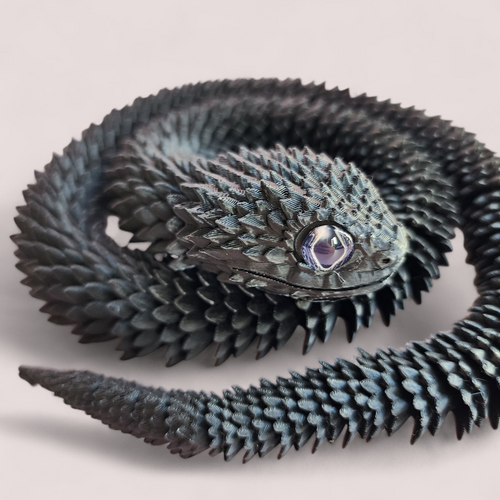 3D Printed Flexible Black Snake Toy – Realistic with Glossy Eyes