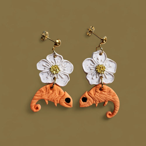 Handmade Polymer Clay Earrings – Chameleon with Flower