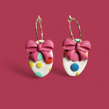 Load image into Gallery viewer, Handmade Polymer Clay Earrings – Polka Dot Bow Hoops
